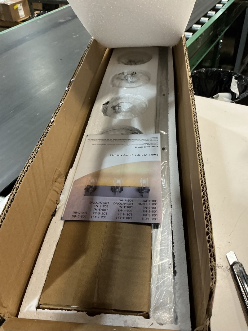 Condition photo showing New/Like New for Espird Chrome Light Fixtures, 4 Light Bathroom Vanity Light with Clear Glass Shade, 30 in Modern Vanity Light, Bathroom Lighting Fixtures Over Mirror for Living Room Chrome 4 light