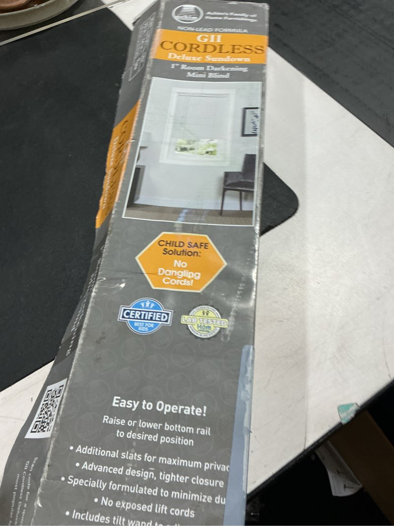 Condition photo showing Good Condition for cordless room darkening mini blind - 23 inch width, 64 inch length, 1" slat size - pearl white- cordless gii deluxe sundown horizontal windows blinds for interior by achim home decor white 23"w x 64"h