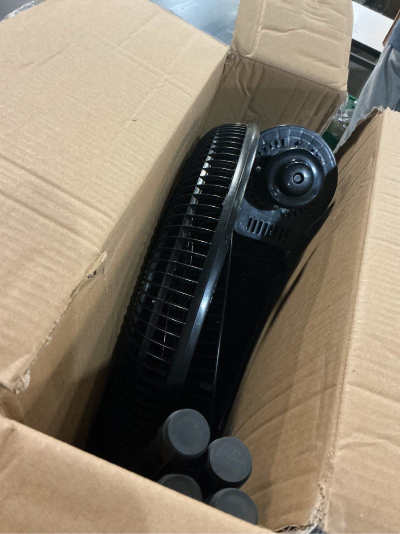 Condition photo showing As Is for Comfort Zone 16” Oscillating Pedestal Fan  3-speed Options  90-Degree Oscillating Head  Adjustable Height and Tilt  Powerful Air Flow  Black