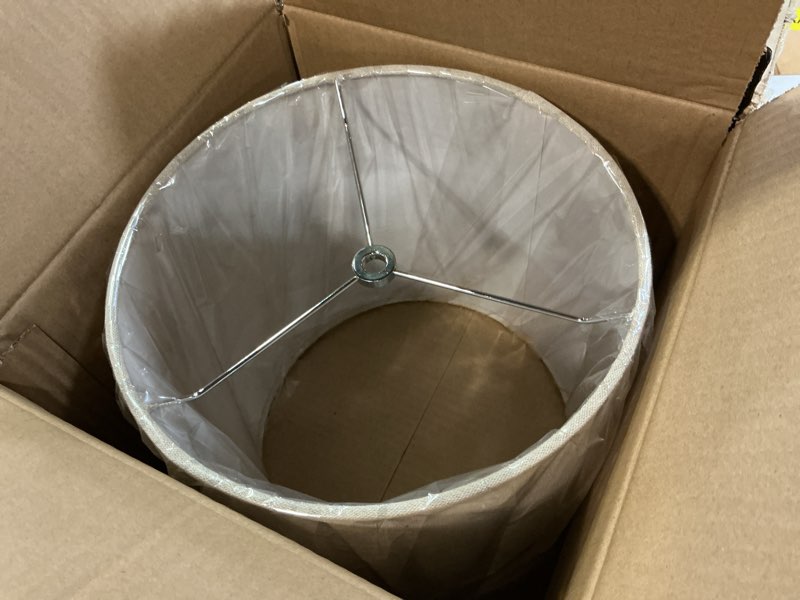 Condition photo showing New/Like New for 10" wx 10" h drum lampshades, no assembly required, fabric lampshade for table lamp, bedside lamp, floor lamp, metal spider fitter, beige beige 10" wx 10" h