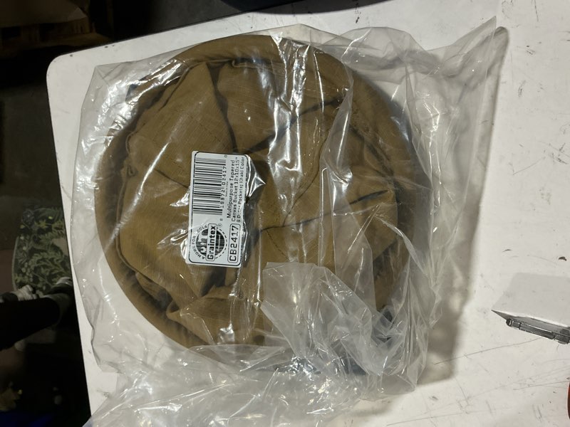 Condition photo showing New/Like New for multipurpose tapered canvas bucket 6 outside pockets 12”x10”x15” khaki color