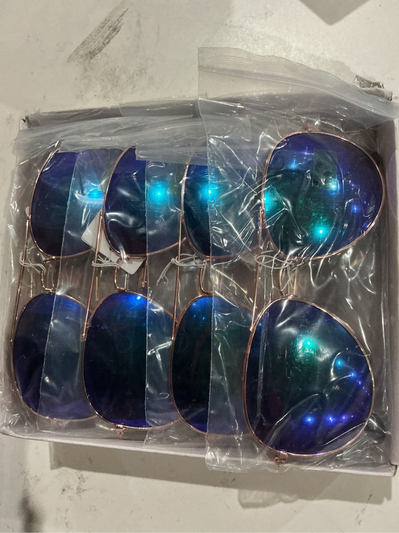 Condition photo showing New/Like New for owl 12 pairs bulk unisex aviator sunglasses gold metal frame colored mirror lens uv400 protection blue green mirror