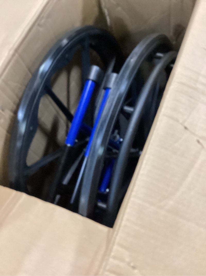 Condition photo showing As Is for Drive Medical Blue Streak Lightweight Foldable Wheelchair for Adults, Seniors, and Disabled - Swing-Away Elevating Leg Rests and Flip-Back Padded Arms - Black/Blue 20 Inch