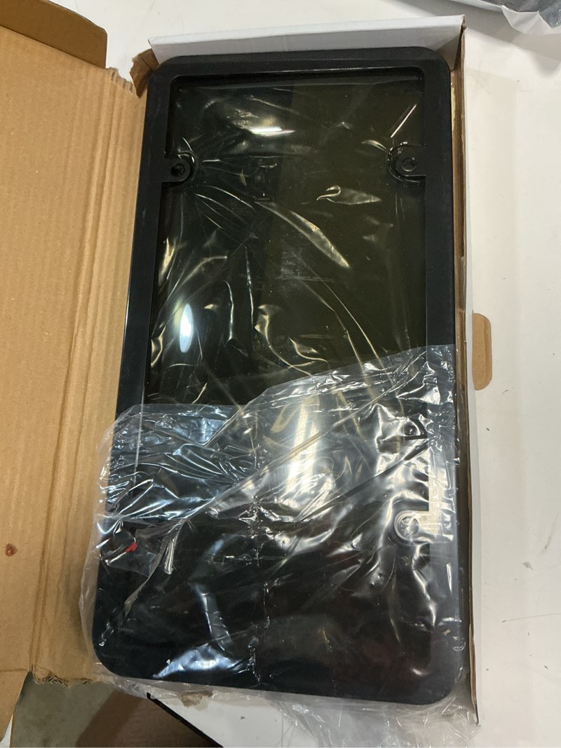 Condition photo showing Good Condition for 2 pack license plate protector & frame combo, clear plastic car front/rear covers with screws caps, universal fit car accessories + bonus valve stem caps, adhesive pads & mini screwdriver
