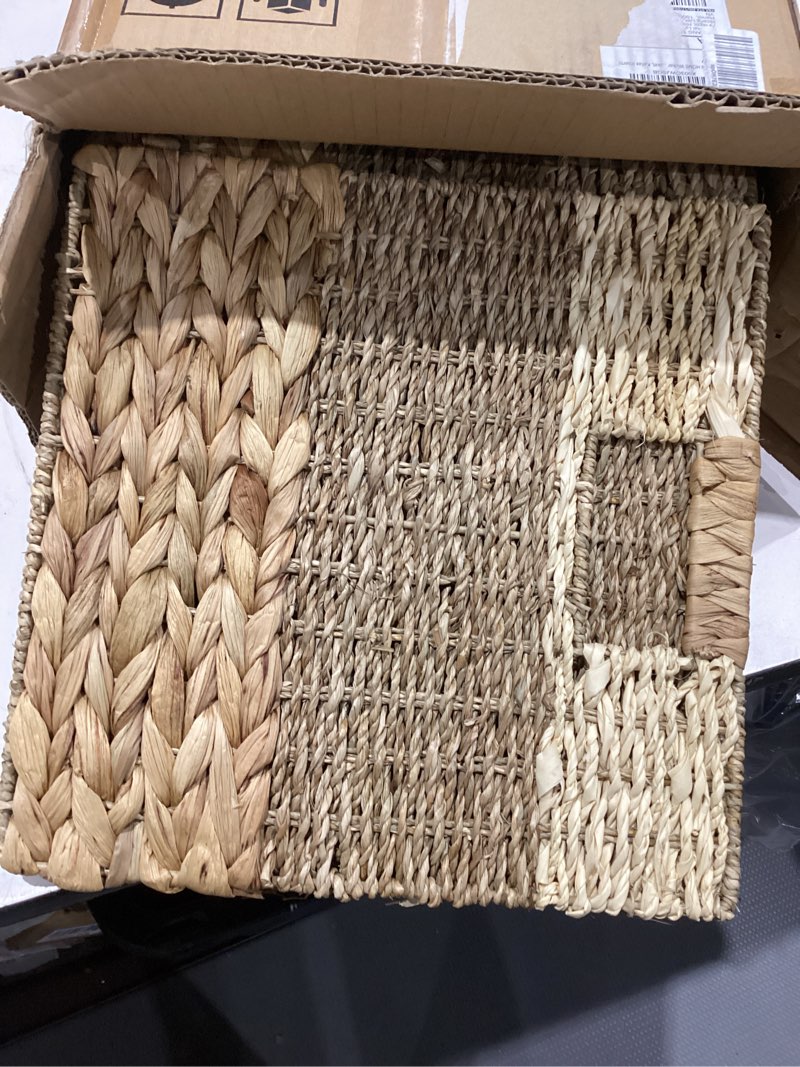 Condition photo showing Good Condition for chi an home 12x12 storage cube bins wicker storage basket for cube shelf, natural foldable square baskets for storage, large woven cube storage bin with handle, baskets for pantry, bedroom set of 4 11.8 x 11.8 in