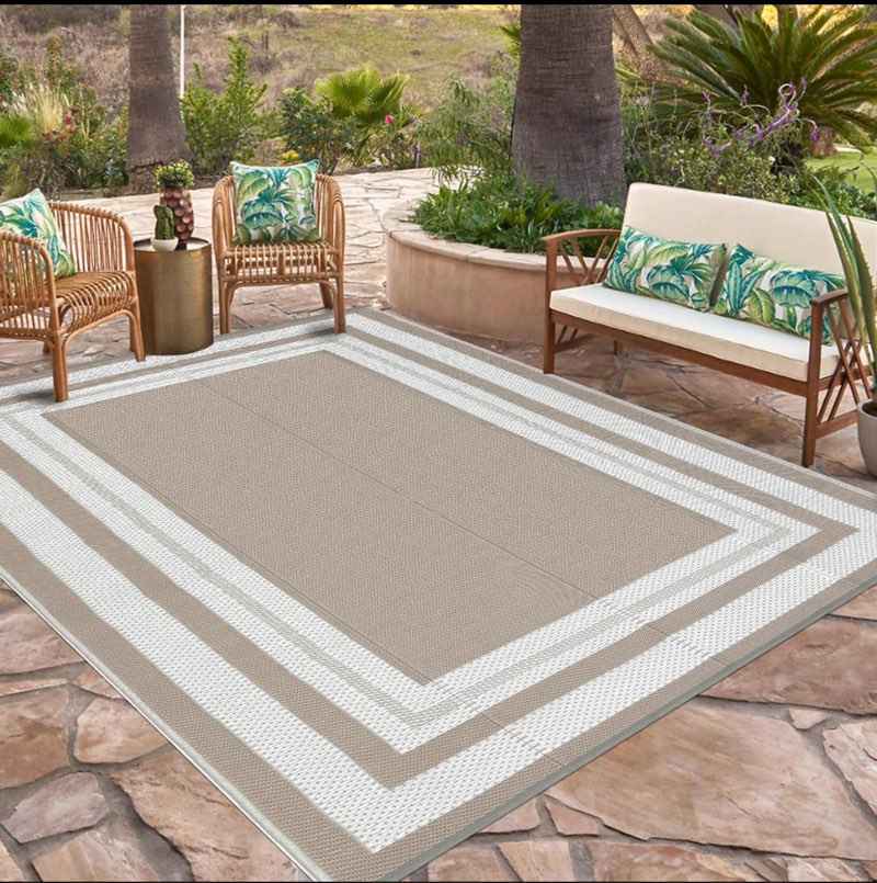 GarveeHome Outdoor Plastic Straw Rug 8x10 Reversible Patio Rug Outdoor Rug Waterproof Camping Rug Portable Outdoor Floor Mat for RV Porch Balcony Patio Camping Picnic Beach Grey Beige Panel