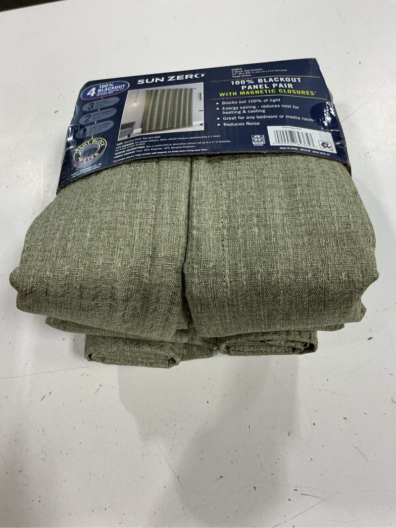 Condition photo showing New/Like New for sun zero vance 2-piece magnetic closure 100% blackout back tab curtain panel pair, 37"x84", sage green