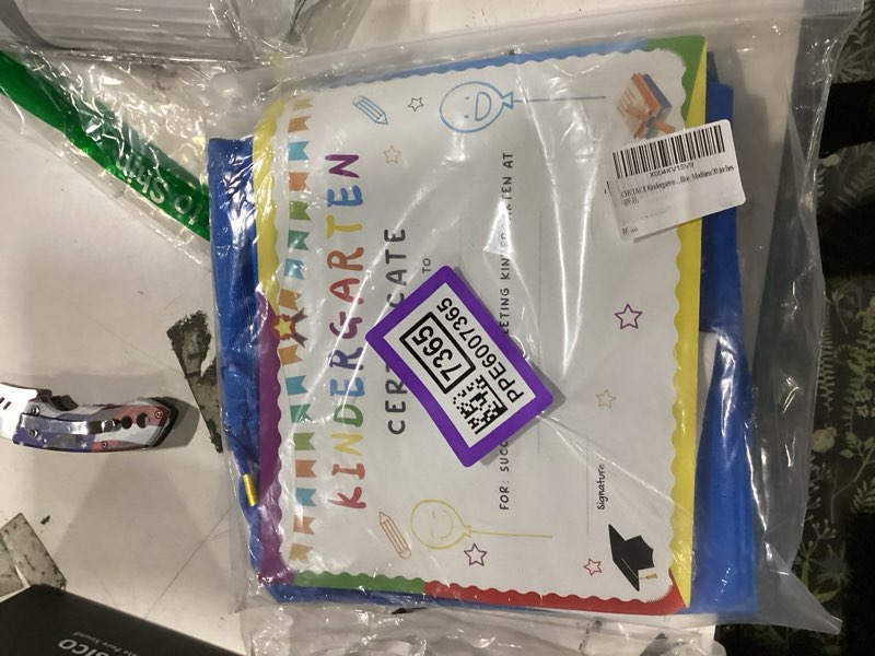 Condition photo showing New/Like New for kindergarten graduation cap and gown with 2026 tassel, certificate for toddler children (27"-33") blue 30inches