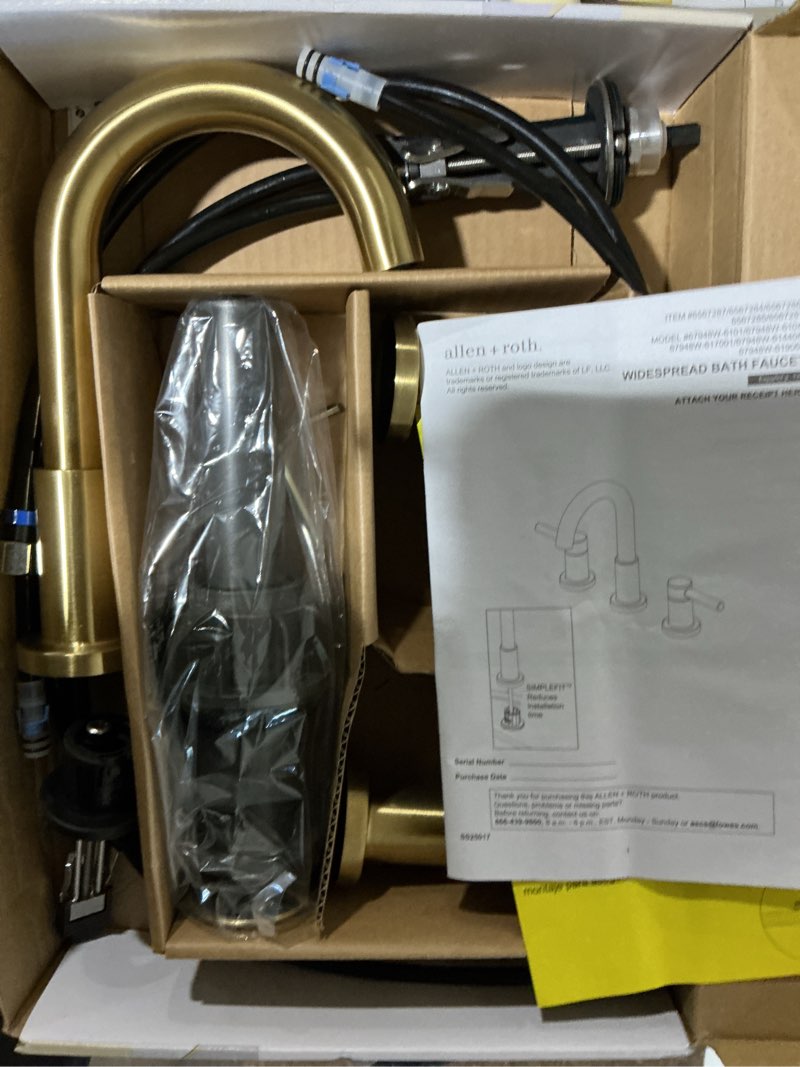 Condition photo showing Good Condition for allen + roth harlow brushed gold widespread 2-handle watersense mid-arc residential handle bathroom sink faucet with drain