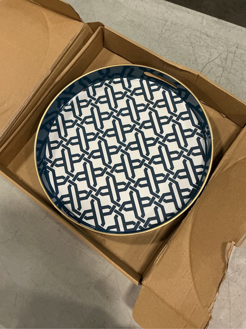 Condition photo showing Good Condition for spsyrine round decorative tray, plastic serving table tray with handles for breakfast, modern ottoman tray for coffee table, bathroom, kitchen, living room, white