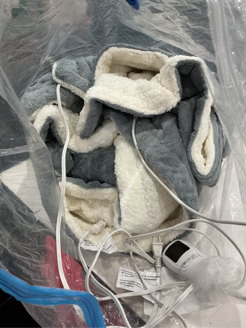 Condition photo showing As Is for (similar to but not exact)(size unknown)maxeve heated blanket electric throw 50\\\"x60\\\" faux rabbit fur sherpa blankets with 6 heating sets & 12 hours auto off, warm gifts for grandma wife, etl certification blue throw-50\\\" x 60\\\"