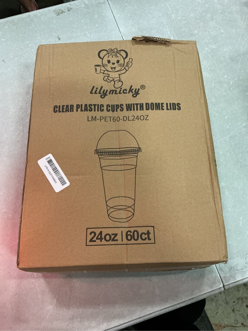 Condition photo showing Good Condition for lilymicky 60 sets 24 oz clear plastic cups with dome lids, 24 oz disposable plastic drinking parfait cups for ice coffee, smoothie, frappuccino, bubble boba 24oz - 60 ct