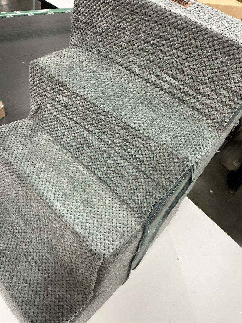 Condition photo showing As Is for EHEYCIGA Dog Stairs for Bed 18" H, 4-Step Dog Steps for High Bed, Pet Steps for Small Dogs and Cats, Non-Slip Balanced Pet Ramp Indoor, Grey Grey 4 Standard 15" x 24" x 18"