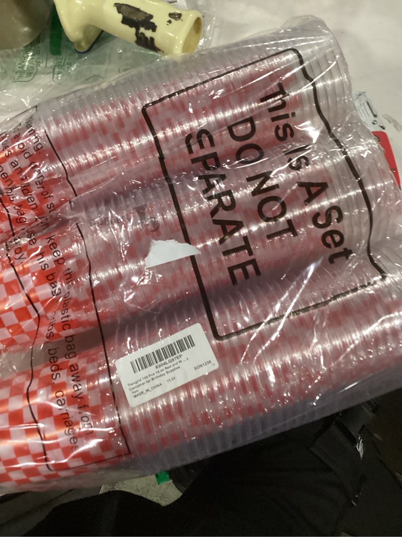 Condition photo showing New/Like New for 100 Pcs 16 oz Red and White Checkered Plastic Cups Bulk Disposable Buffalo Plaid Plastic Cups Red and White Check Party Container Decorative Holiday Party Container for Birthday Supplies 100 Red/White Race Car