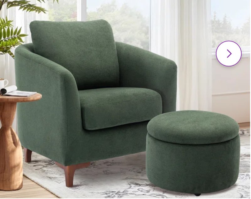 Amold Upholstered Barrel Accent Armchair With Storage Ottoman and Pillow
