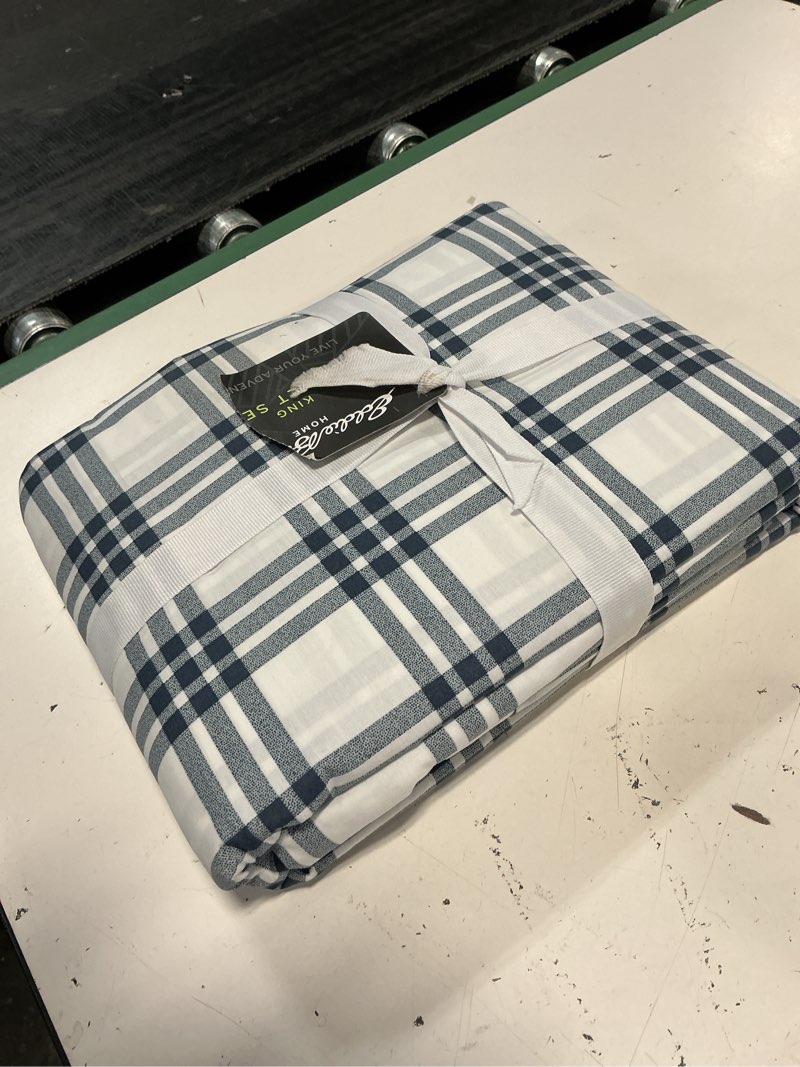 Condition photo showing As Is for eddie bauer- king duvet cover set, cotton bedding set with matching sham(s), casual home décor (basic plaid navy, king)