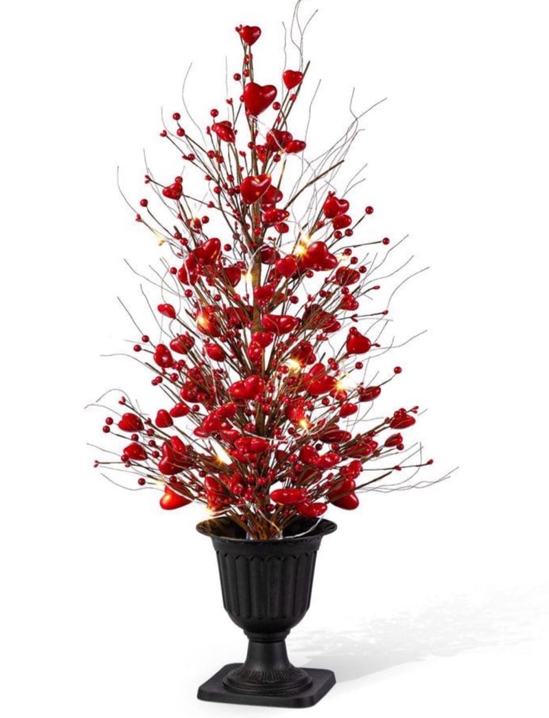 36 in. H Valentine's Lighted Red Berry Heart Urn Porch Tree, with Timer