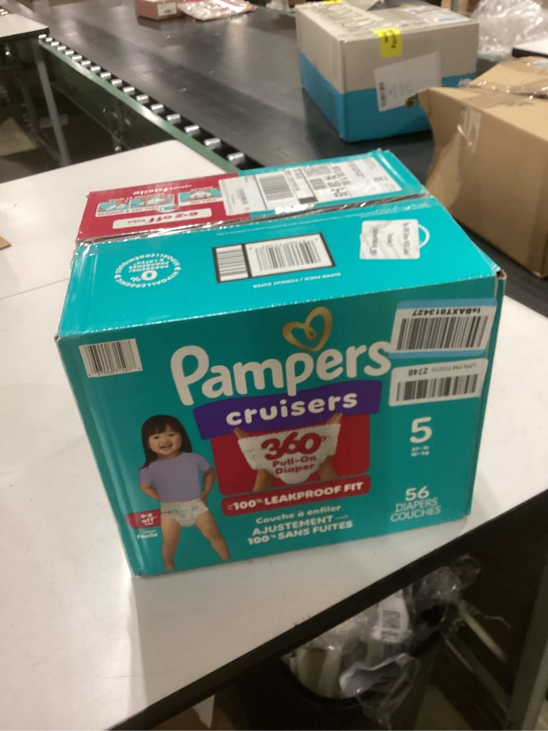 Condition photo showing New/Like New for Pampers Diapers - Cruisers 360 - Size 5, 56 Count, Babyproof up to 100% Leakproof Pull-On Diaper Size 5 56