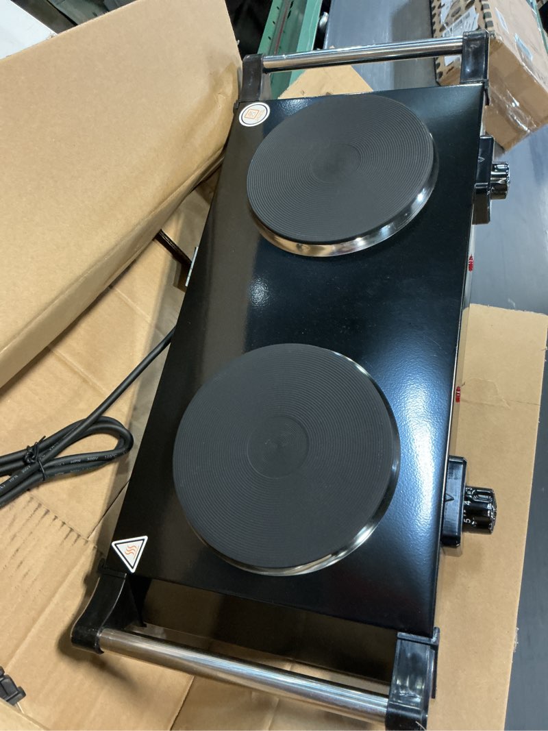 Condition photo showing As Is for Electric Countertop Double Burner, 2000W Cooktop with Cast Iron Hot Plate & Stay Cool Handles, 5 Level Temperature Control, Easy to Clean, Indicator Lights, Cooking Stove for Office Home Camping RV