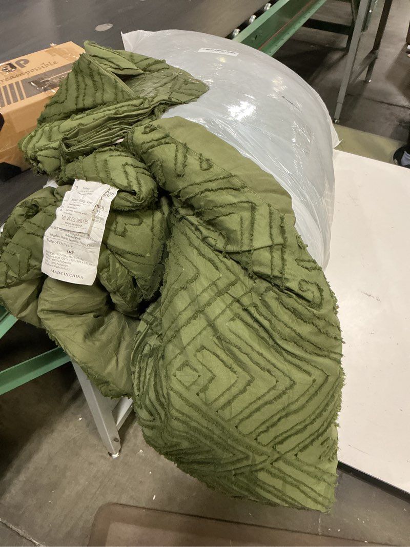 Condition photo showing As Is for litanika super king plus size comforter set with sheets olive green - 7 pieces bed in a bag oversized king boho tufted complete bedding sets with comforter, sheets, pillowcases & shams dark olive green super king plus (128"x120")