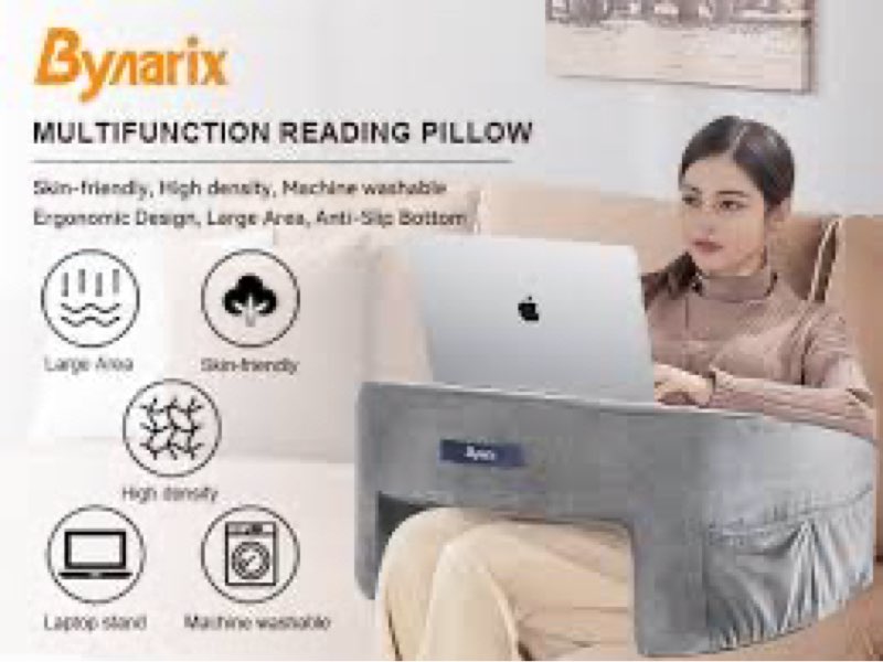 bynarix reading pillow for gaming, lap desk pillow for laptop, extra large arm rest pillow for adult working, playing, crocheting, steam deck switch/sitting in bed floor couch sofa blue