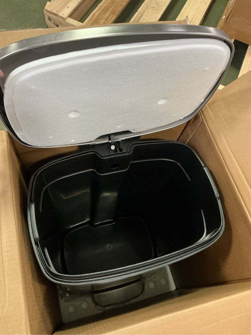 Condition photo showing Good Condition for Amazon Basics Smudge Resistant Rectangular Trash Can With Soft-Close Foot Pedal, Brushed Stainless Steel, 50 Liter/13.2 Gallon, Satin Nickel Finish, 16.7"L x 14.7"W x 25.9"H ['Satin Nickel'] ['50 Liter']