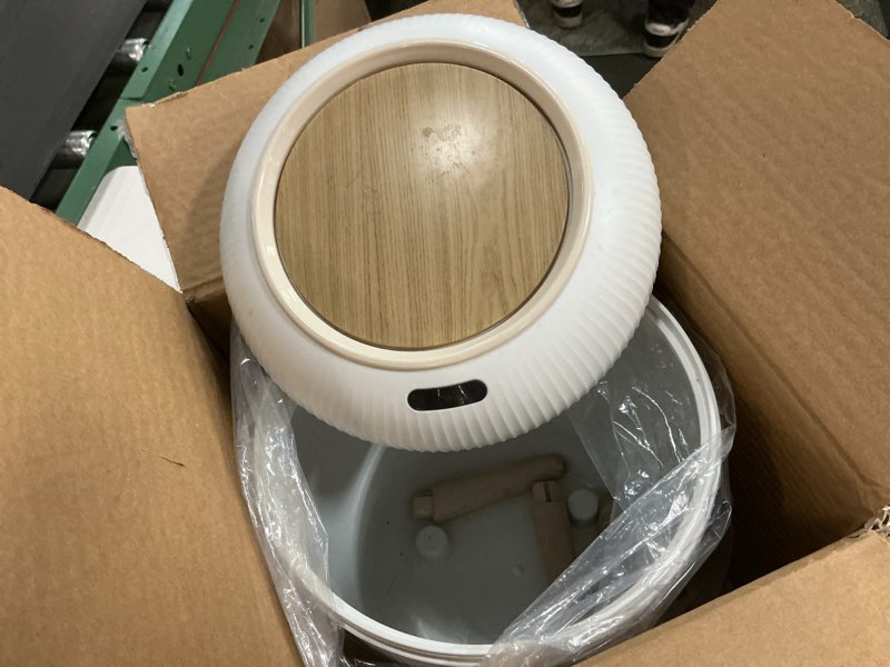 Condition photo showing As Is for URALFA Automatic Motion Sensor Bathroom Trash Can with Lid, Touchless Trash Bin, Smart Dog Proof Garbage Can, Small Waste Basket for Toilet, Office, Bedroom, 2.8 Gallon, Cream White Cream White 2.8 Gallon