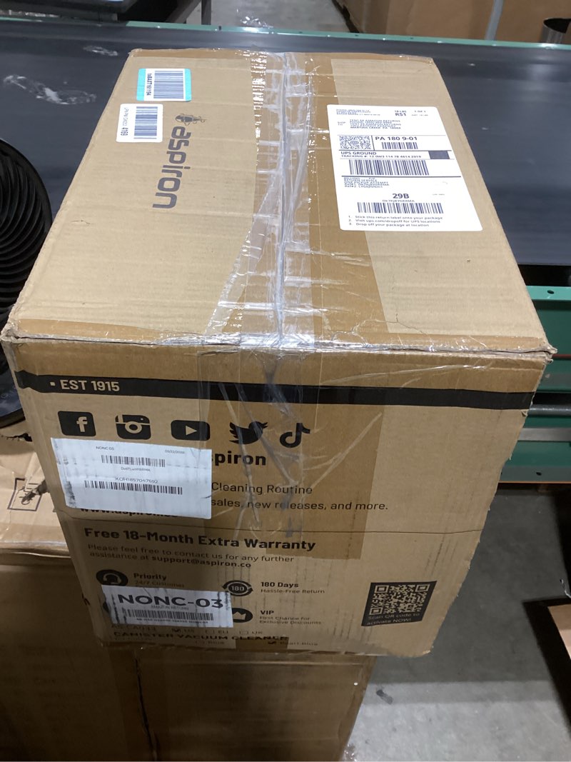 Condition photo showing Good Condition for 1700w canister vacuum cleaner, 45kpa bagless vacuum cleaner, multi-cyclonic filtration, 2 anti-allergen hepa filters, 3.5qt dust cup, 4 tools, corded vacuum for hard floor, pet hair, turquoise
