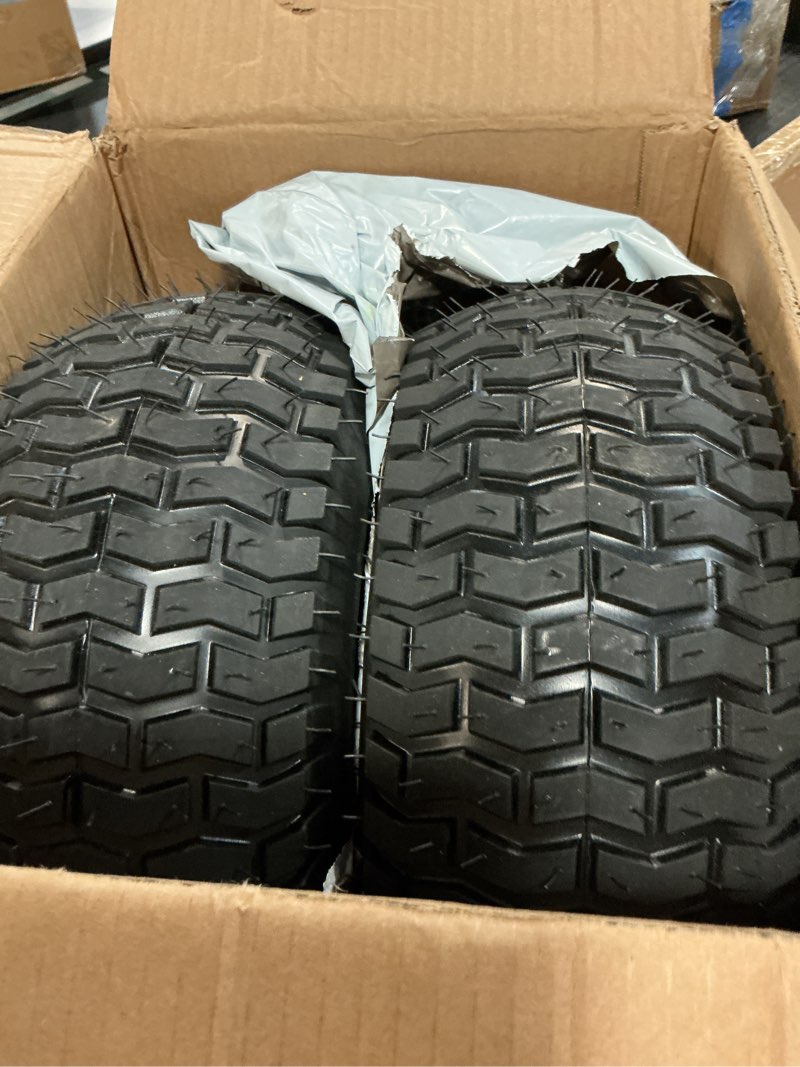 Condition photo showing Good Condition for 2 pcs 15x6.00-6 lawn mower tire and wheel, replacement for john deere(most 100 and 300 series)/cub cadet riding mower front tires, with 3/4" & 5/8" bearing, 3-4.4" offset hub, 4 ply tubeless, 570 lbs 15x6.00-6 tubeless tire