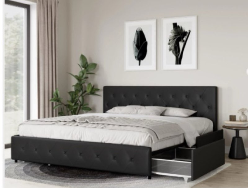 ( incomplete/ box 2 of 2)DHP Dakota King Upholstered Bed with Storage Drawers in Black Faux Leather