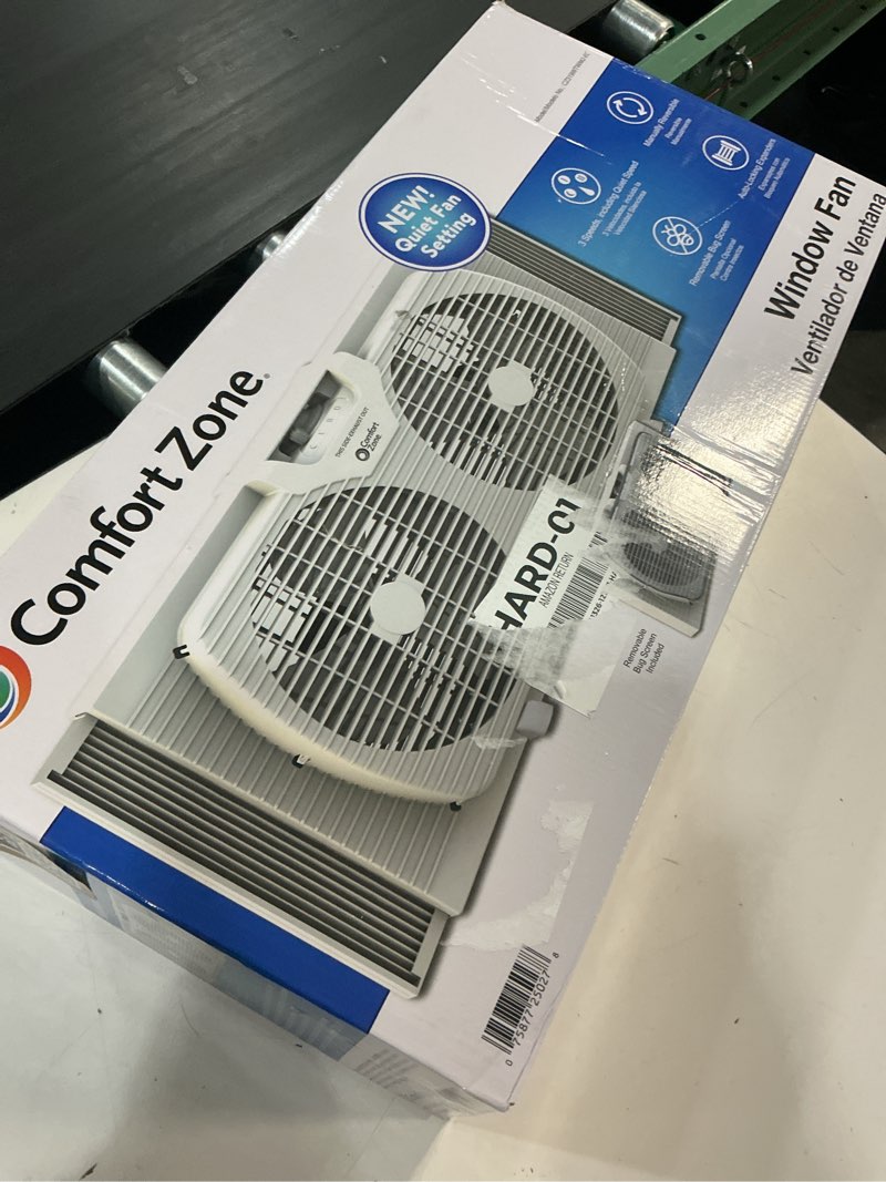 Condition photo showing Good Condition for comfort zone 9  twin window fan with quiet setting  reversible airflow control  3-speeds  expandable  exhaust  dual fan  airflow 9.84 ft/sec  ideal for home  kitchen  bedroom & office  cz319wt2