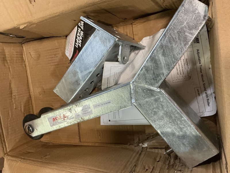 Condition photo showing As Is for extreme max 3006.6895 adjustable height notched winch stand with roller - galvanized finish, hardware fits 3" w x 4" h trailer frames fits 3"w x 4"h trailer frames galvanized
