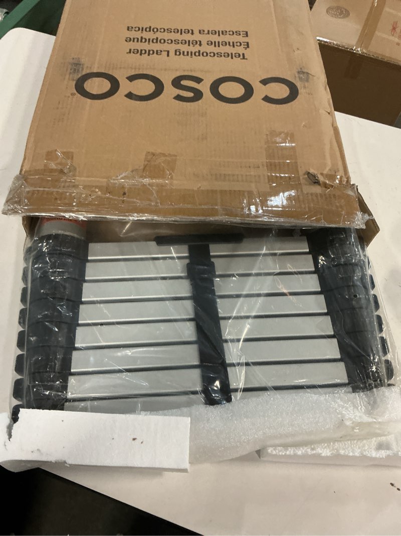 Condition photo showing New/Like New for cosco 20309t1ase smartclose telescoping aluminum ladder, (300-pound capacity, 8.5 ft. ladder with 12 ft. max reach)