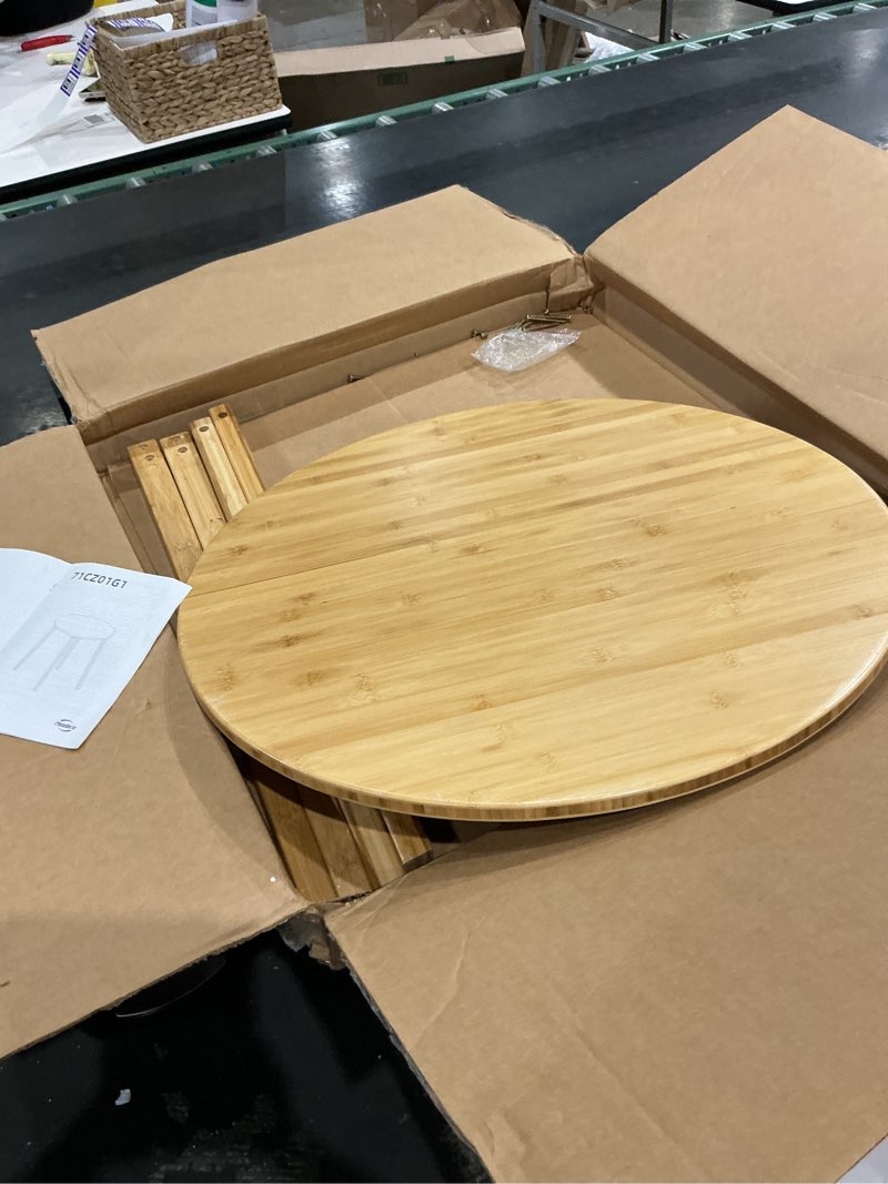 Condition photo showing As Is for hoobro bamboo dining table, round dining table for 2, 27.5" kitchen table for small space, writing table, easy to assemble, for dining room, living room, office, kitchen, apartment