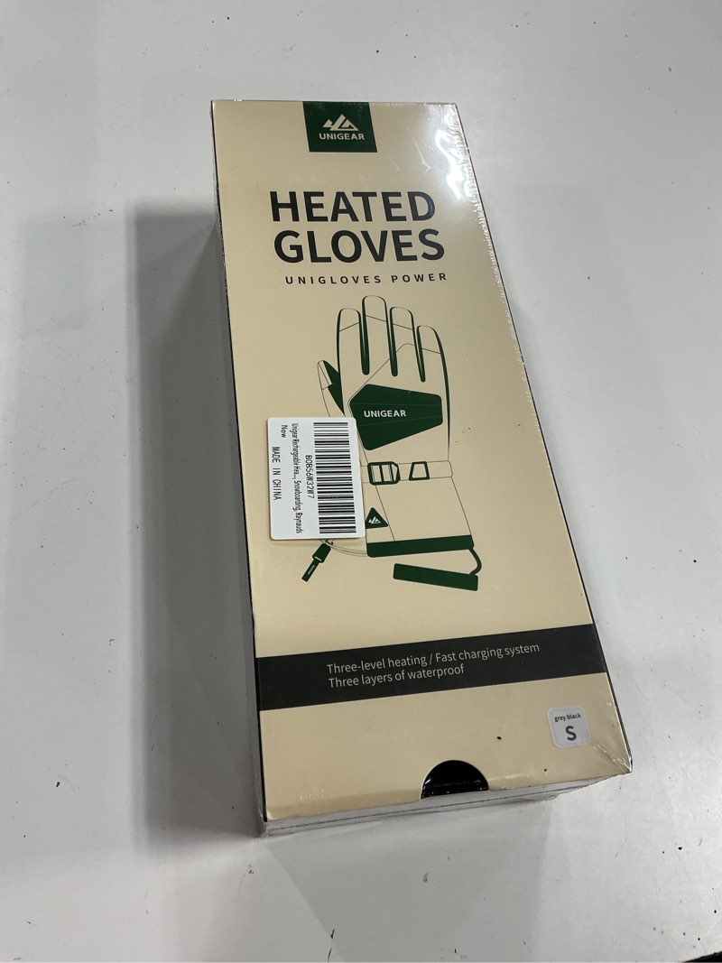 Condition photo showing New/Like New for Unigear Rechargeable Heated Gloves for Men Women, 3 Heating Level Electric Battery Ski Gloves, Thinsulate Waterproof Winter Touchscreen Leather for Outdoor Work, Snowboarding, Raynauds X-Small Gray Black