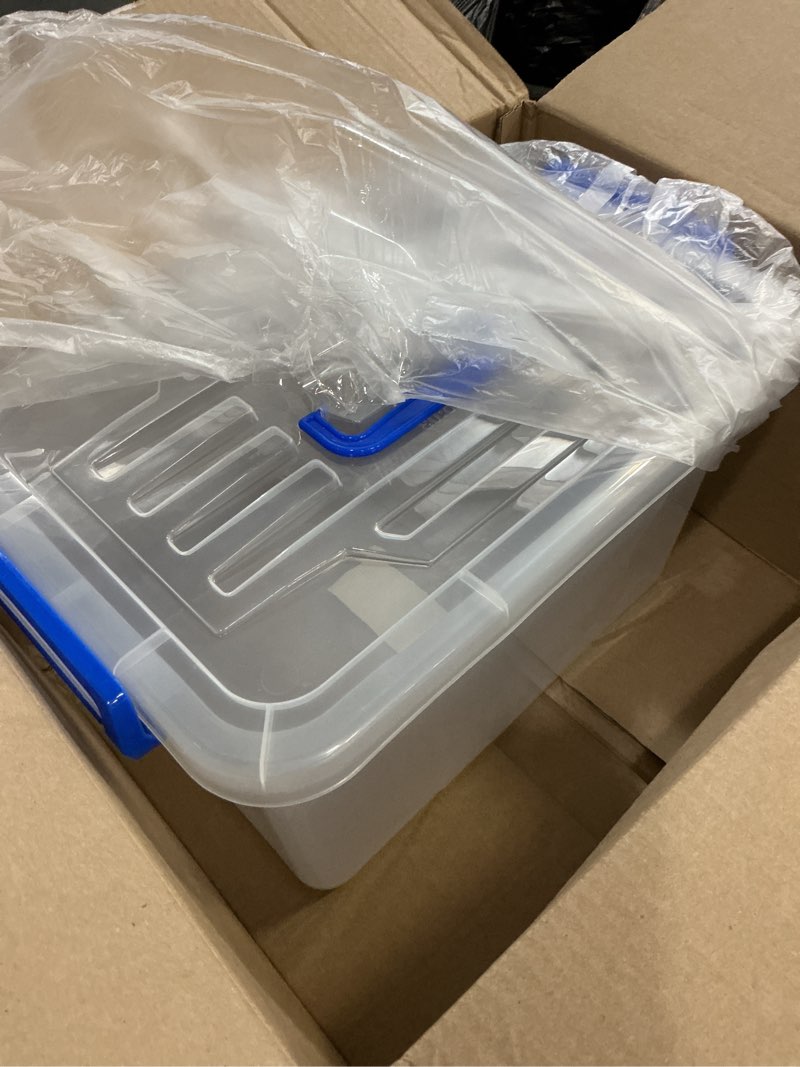 Condition photo showing Good Condition for basicwise clear tote with latching lid - stackable plastic organizer bin, durable container for home, office, or closet - built-in handles, transparent design, modern style, large capacity 1