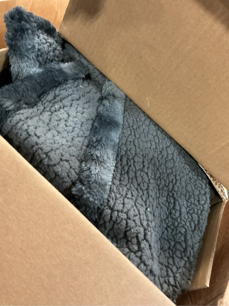 Condition photo showing As Is for woomer heated blanket king size, dual control, electric blanket 90"x 100", double-sided faux fur&sherpa, overheat protection, 10 heating levels & 12h auto off, cpf, home office marble grey king size 100" x 90"