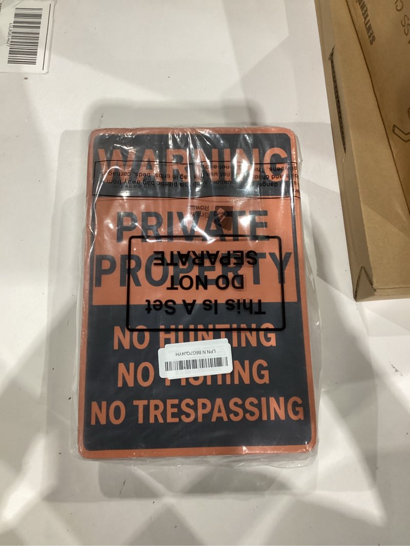 Condition photo showing As Is for 12 Pcs No Hunting No Trespassing Signs Private Property, 8'' x 12'' Waring Signs with H-stake Metal Stakes for Outdoor Yard Warning Hunting Fishing Trapping Outdoor(Orange)