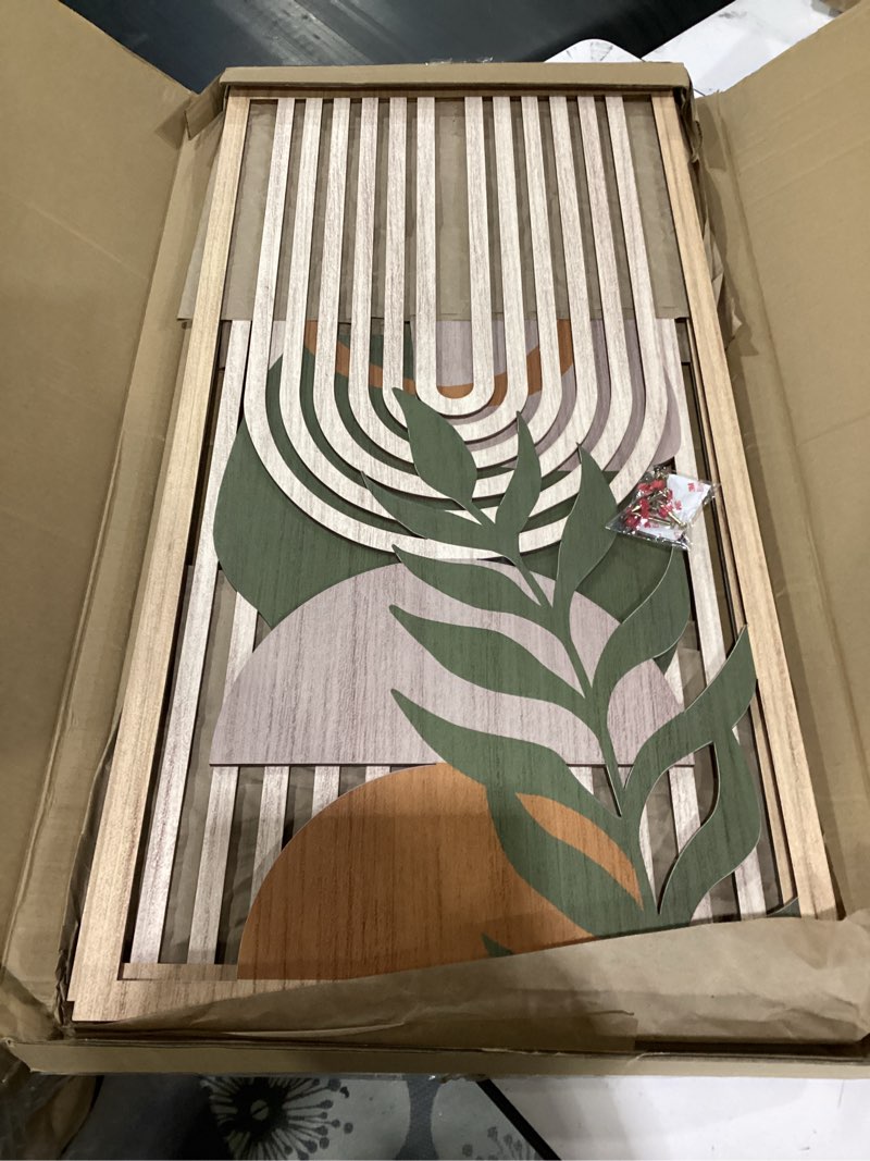 Condition photo showing Good Condition for iarttop boho mid-century modern wood wall art 16x32 inch large green abstract wood wall decor mid century bohemian artwork for bedroom living room office kitchen set of 3