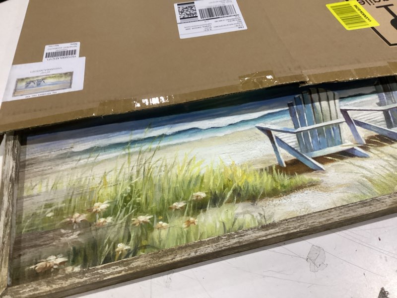 Condition photo showing Good Condition for Beach Ocean Wall Art Framed: Coastal Chair Print Picture Relaxing Sea View Wooden Painting Seaside Seascape Artwork Decor for Living Room Bedroom Bathroom 24”x12” Beach 02 24"x12"