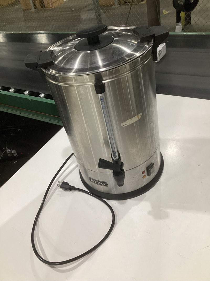 Condition photo showing As Is for (used, not tested)sybo sr-cp-100b commercial grade stainless steel percolate coffee maker hot water urn for catering, 100-cup 16 l, metallic 16l metallic