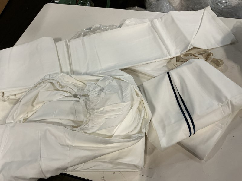 Condition photo showing As Is for quince organic crisp percale embellished duvet cover set of 4, king/cal king, white/navy