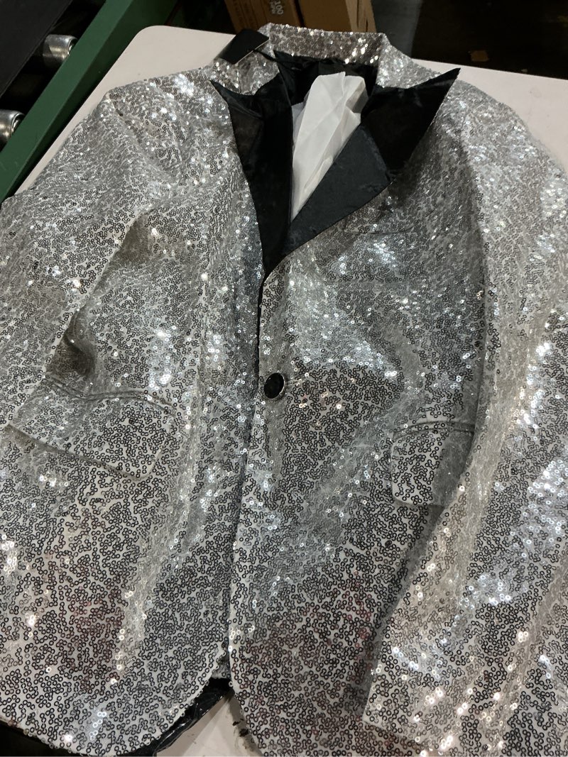 Condition photo showing Good Condition for (size:s)cloudstyle mens one button sequin dress suit jacket party festival tuxedo sport coat small silver