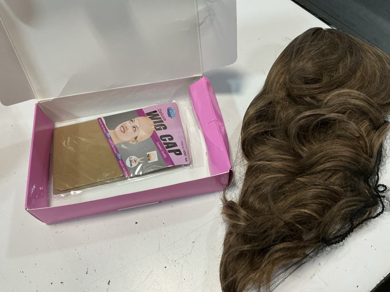 Condition photo showing Good Condition for aisi hair synthetic wavy curly bob wig with bangs brown mix caramel blonde short hair for women synthetic heat resistant bob wigs