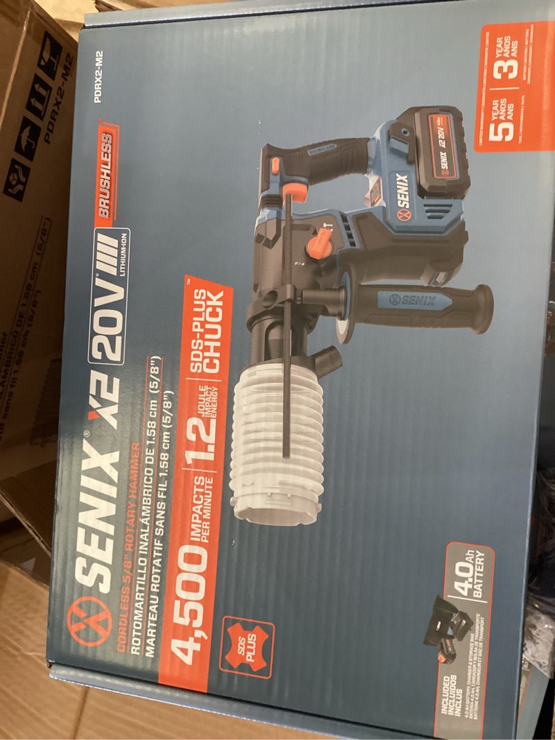Condition photo showing New/Like New for senix 20 volt max* sds-plus cordless 5/8" rotary hammer drill with brushless motor, auxiliary handle, dual function, & vibration control, battery, charger, & storage bag included (pdrx2-m2)