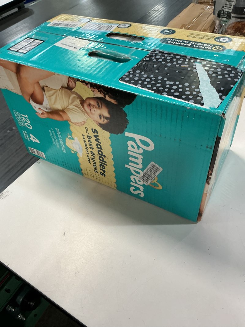 Condition photo showing New/Like New for pampers swaddlers diapers, size 4 (15-34 lbs), 120 count, absorbent, keeps baby dry and comfortable, skin safe disposable baby diaper (packaging may vary) size 4 120