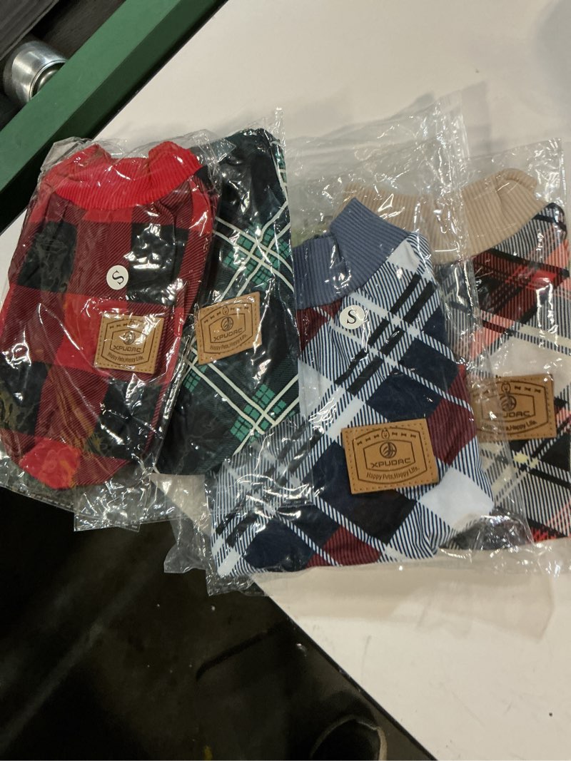 Condition photo showing New/Like New for XPUDAC 4 Pack Dog Pajamas for Small Dogs Cats Plaid Doggie Clothes Puppy Onesies Christmas Pajamas Jumpsuits Pet Pjs Shirt Apparel Small, Red Green Khaki Grey Plaid Small(Chest-14" Back-10" Neck-9.5")