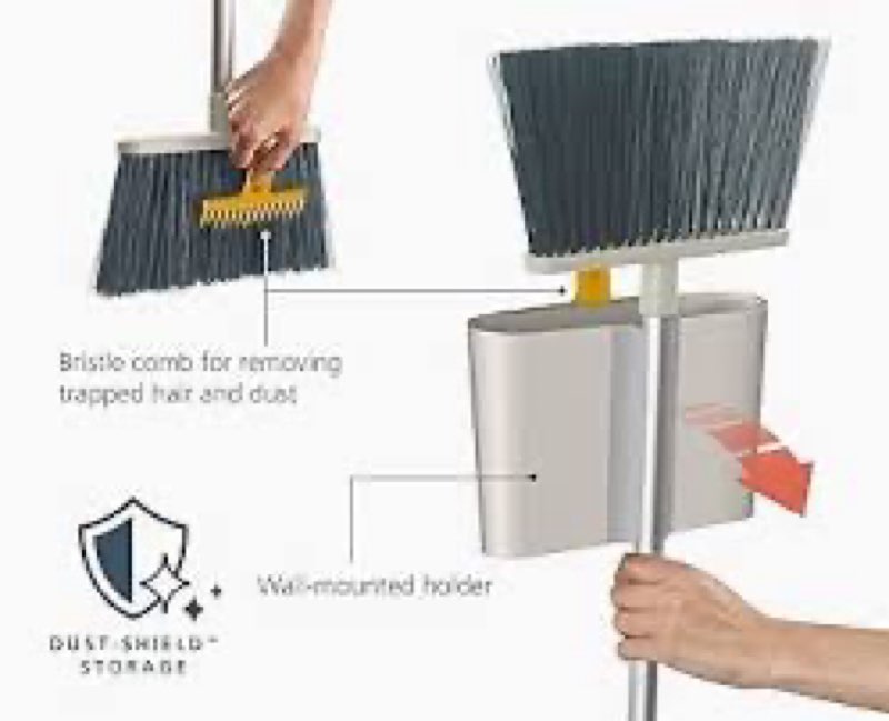 Joseph Joseph CleanTech Wall-Mounted, Adjustable Long Handle Broom Sweeper with Dust-Shield Storage,