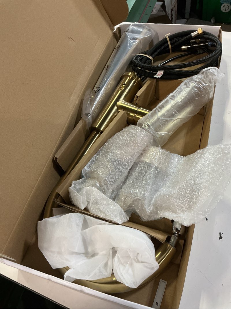Condition photo showing As Is for allen + roth harlow simplefit brushed gold single handle deck-mount pull-down kitchen faucet with sprayer (includes deck plate) (includes soap dispenser)