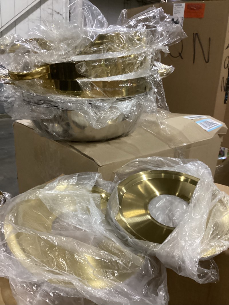 Condition photo showing As Is for Chafing Dish Buffet Set 4 Pack, 5QT Gold Round Chafing Dishes for Buffet, High Grade Chafers and Buffet Warmers Sets with Glass Lid, Rolled-Edge Food Warmers for Parties, Weddings, Catering Gold-Glass Lid-4 Pack-5QT